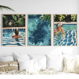 Swimming Pool Art Set of 3 | Tranquil Pool Painting with Women reflecting Water | Palm Springs inspired Watercolor Painting made into Prints