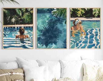 Set med konsttryck i pool | Lugn akvarell i Palm Springs-stil