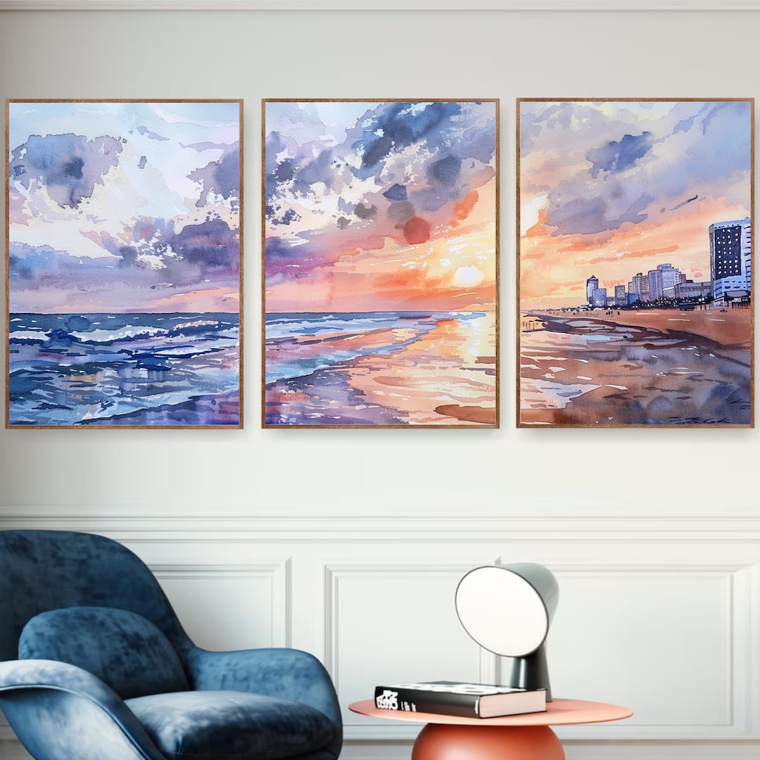 Virginia Beach Sunset Watercolor Painting - Coastal Evening Skyline Art ...
