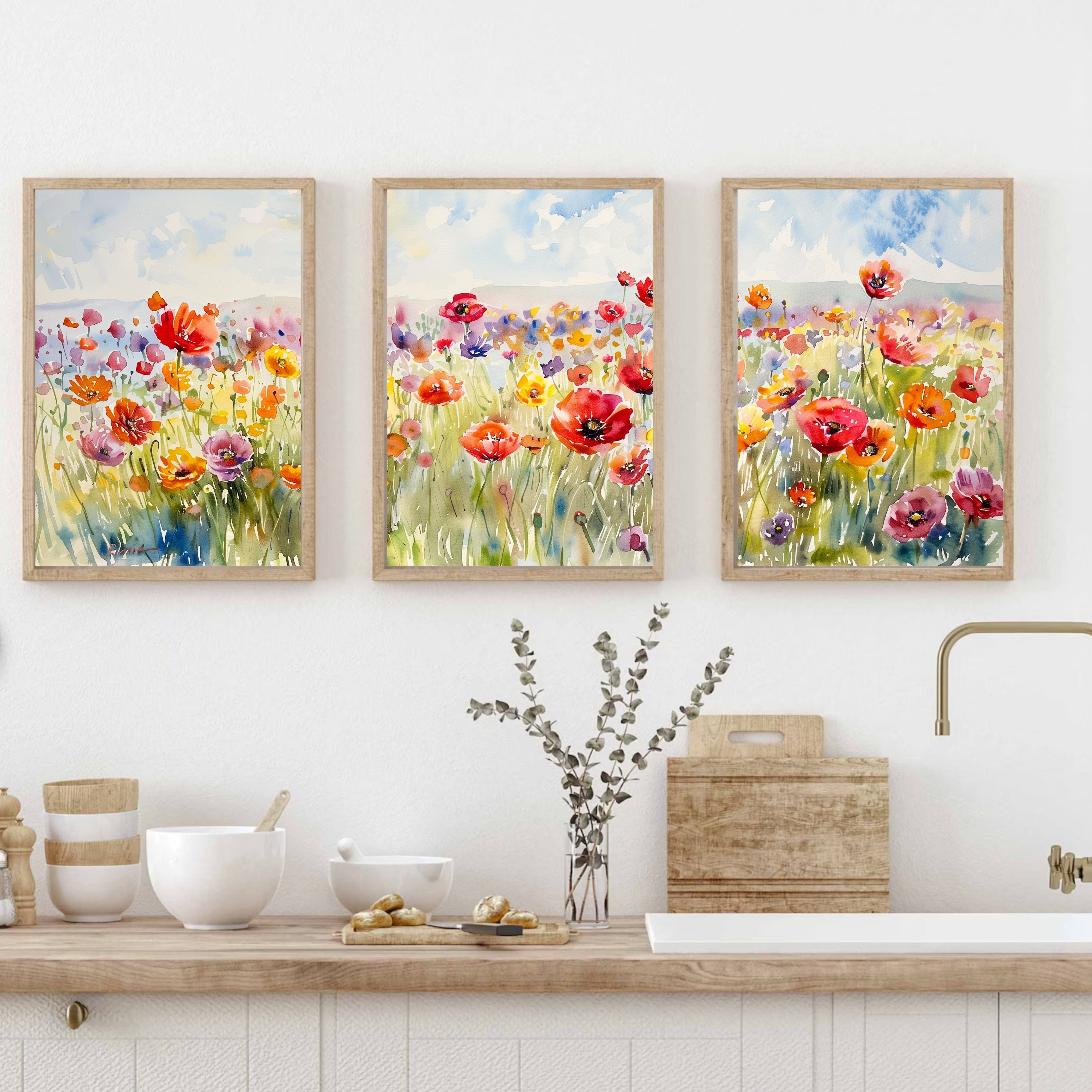 Watercolor Flower Field Poster Set of 3 - Sunny Day Landscape Art ...