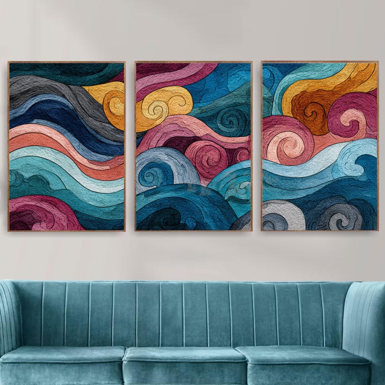 Abstract Wave Wall Art Set of 3 | Colorful Ocean Inspired Triptych ...