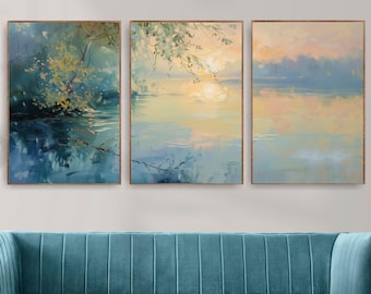 Pastell See Sonnenuntergang Wandkunst | Ruhige Gewässer & Goldene Reflexe | Sanfte Landschaft Malerei Druck | OzeanBlauArt