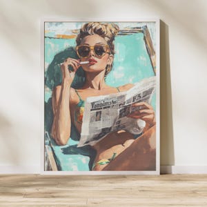 Retro Beach Babe Art Print – 50s Inspired Glamour Woman Reading Newspaper – Vintage Poolside Wall Art, Bold Feminine Decor
