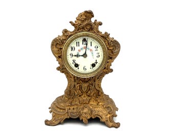 Antique Gilbert Mantel Clock | Ornate Gilded Case | Floral Dial | Non Working | Rococo Revival | No Key | 12” Tall