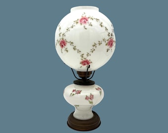 Vintage Gone with the Wind Lamp: Hand-Painted Milk Glass Roses, Brass Base