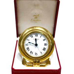 Vintage Must de Cartier Desk Clock with Box – Not Working, Collectible Brass Quartz Clock