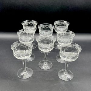 May include: Set of eight clear glass champagne coupes with an etched design. The coupes have a delicate stem and a wide bowl.