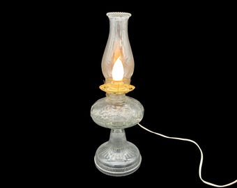 Vintage Electric Hurricane Lamp: Pressed Glass Floral Base, 19&quot; Tall