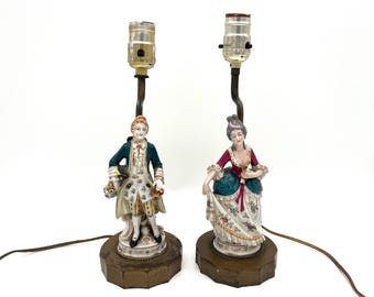 Vintage Porcelain Courting Couple Lamps – Hand-Painted Figurines, Working Pair