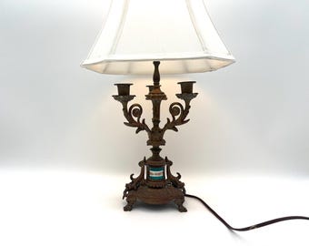 Antique Cast Metal Candelabra Lamp with Porcelain Band – 22” Ornate Footed Base