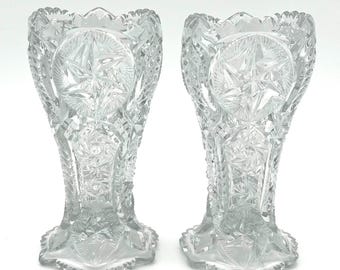 Vintage Cut Crystal Glass Vases: American Brilliant Style, Starburst Pattern