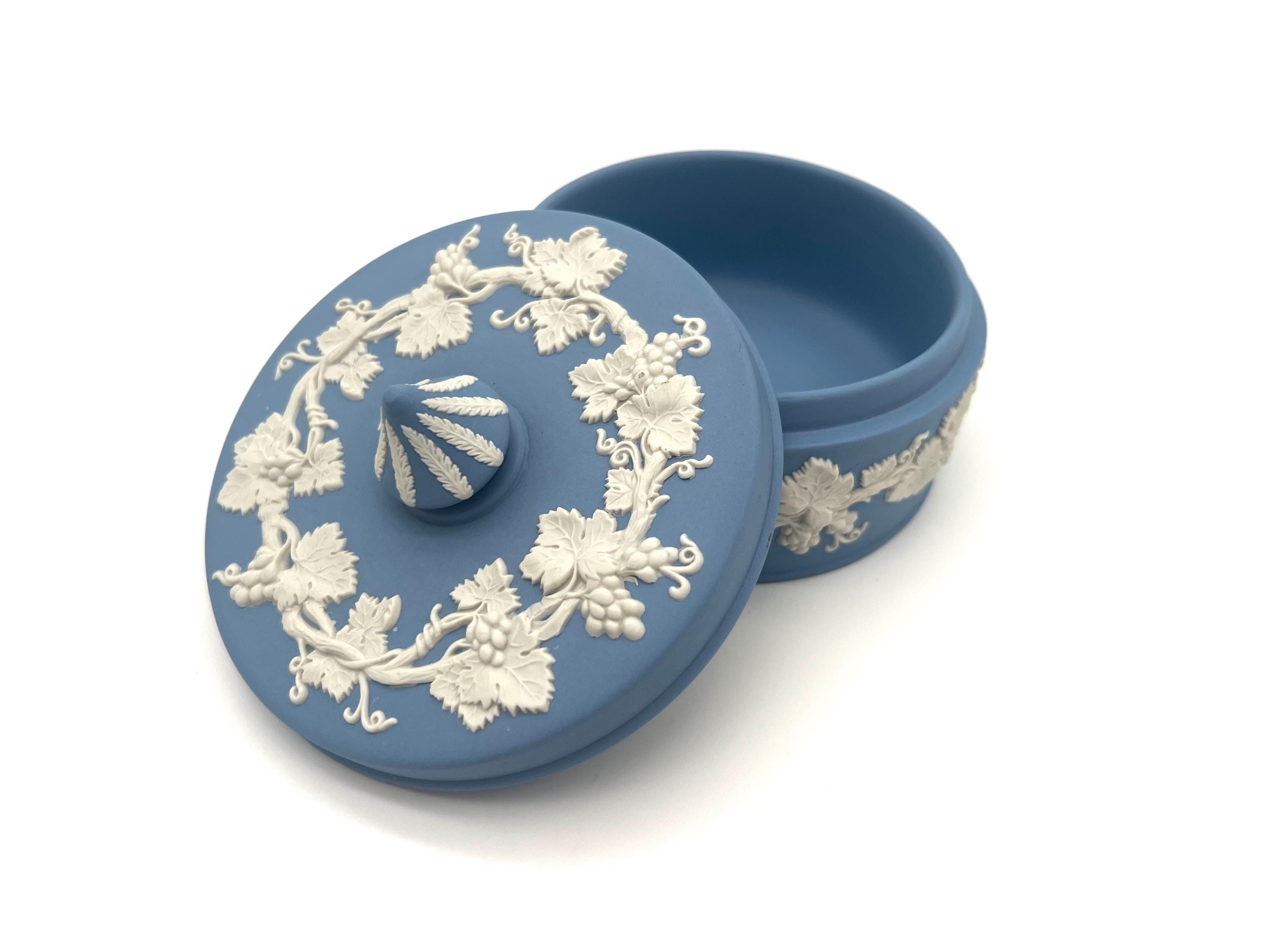 Wedgwood Blue Jasperware Lidded Box 5” Grapevine England Vintage