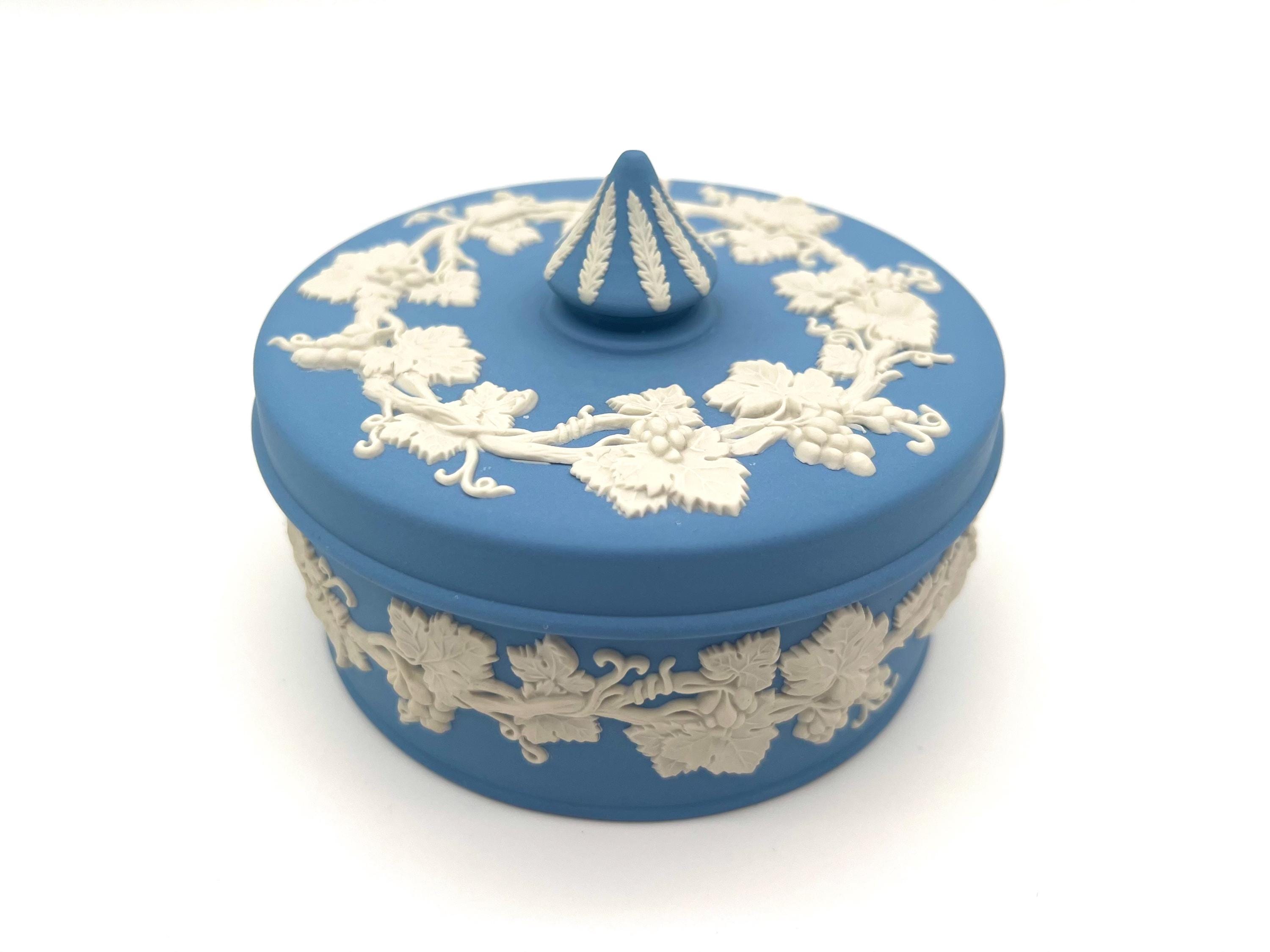 Wedgwood Blue Jasperware Lidded Box 5” Grapevine England Vintage