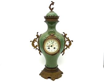 Antique French Urn Clock: Green Ceramic & Gilt Bronze Mantel Clock