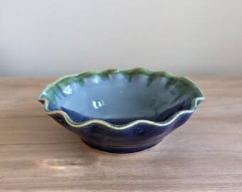 Hand-Thrown Scalloped Caribbean Blue & Green Pottery Bowl - Signed