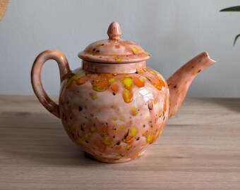 Studio Pottery Pink Orange & Yellow Handmade Ceramic Drip Glaze Teapot