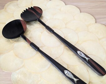 Vintage Wood Salad Serving Utensils Set with Mother Of Pearl Fish Inlay