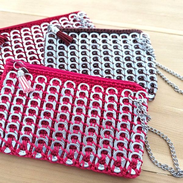 Clutch Bag - Unique Handmade - Crochet with Aluminum Pull Tabs - Detachable Chain Handle - Perfect Holiday Gift - Fashion Small Purse.