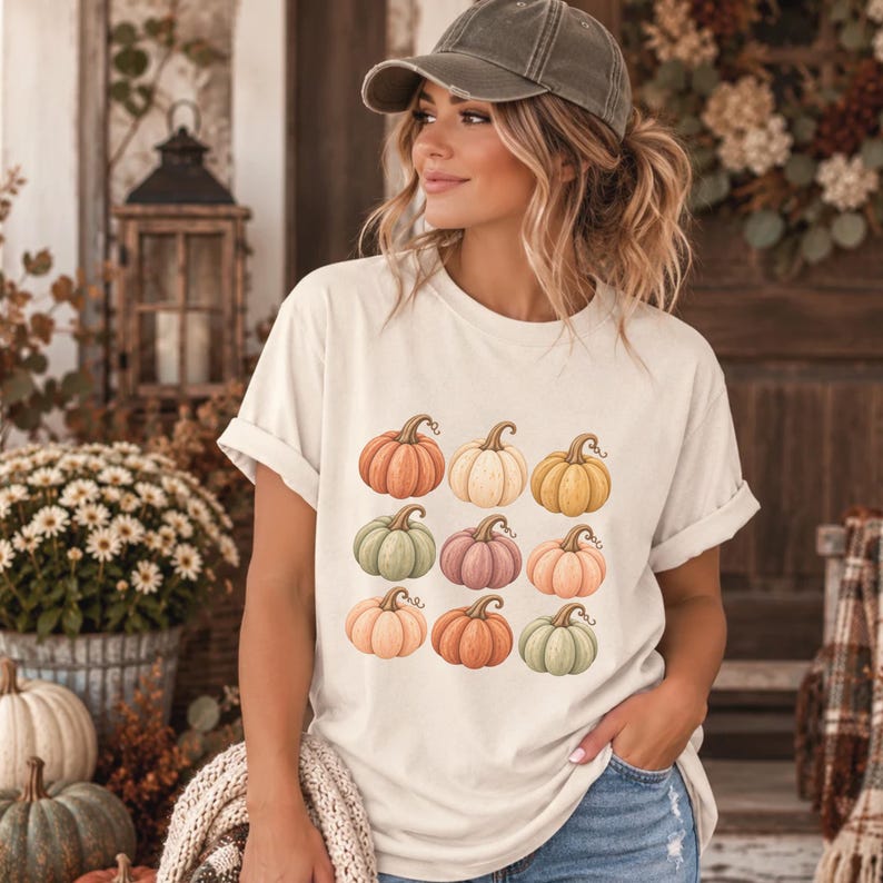 Vintage Pumpkin Shirt, Fall Graphic Tee, Retro Autumn T-Shirt, Neutral Pumpkin Design, Cozy Fall Outfit image 3