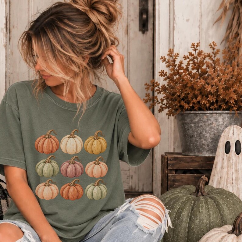 Vintage Pumpkin Shirt, Fall Graphic Tee, Retro Autumn T-Shirt, Neutral Pumpkin Design, Cozy Fall Outfit image 4