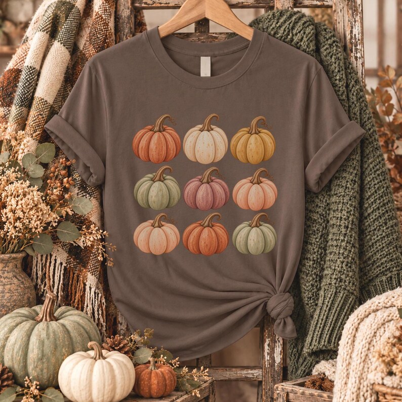 Vintage Pumpkin Shirt, Fall Graphic Tee, Retro Autumn T-Shirt, Neutral Pumpkin Design, Cozy Fall Outfit image 1