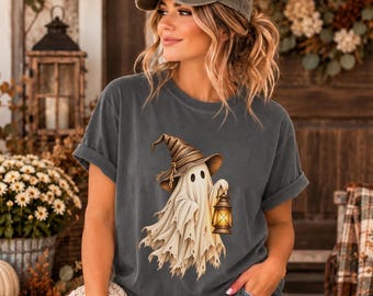 Comfort Colors Vintage Ghost Shirt, Halloween Ghost with Lantern Tee, Cozy Fall Graphic Shirt, Cottagecore Halloween
