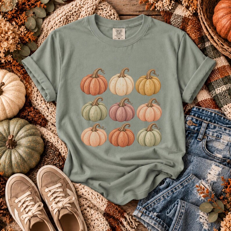 Vintage Pumpkin Shirt, Fall Graphic Tee, Retro Autumn T-Shirt, Neutral Pumpkin Design, Cozy Fall Outfit image 5