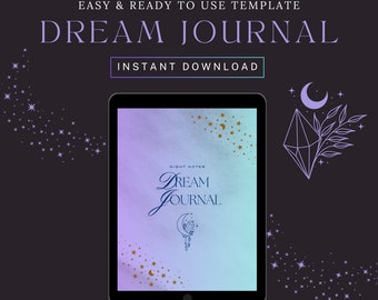 May include: A digital tablet displaying a dream journal template with a gradient purple and blue background, gold stars, and the text "Night Notes Dream Journal". The surrounding dark background features purple star clusters and a crystal illustration.