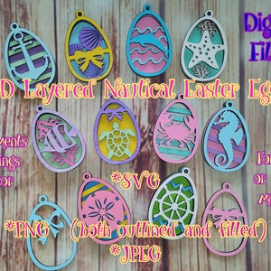 May include: A set of 10 digital files for laser cutting or cutting machines. The files are for creating 3D layered nautical Easter eggs. The eggs feature various nautical themes, including anchors, seashells, starfish, turtles, crabs, and seahorses. The files are available in SVG, PNG, and JPEG formats.