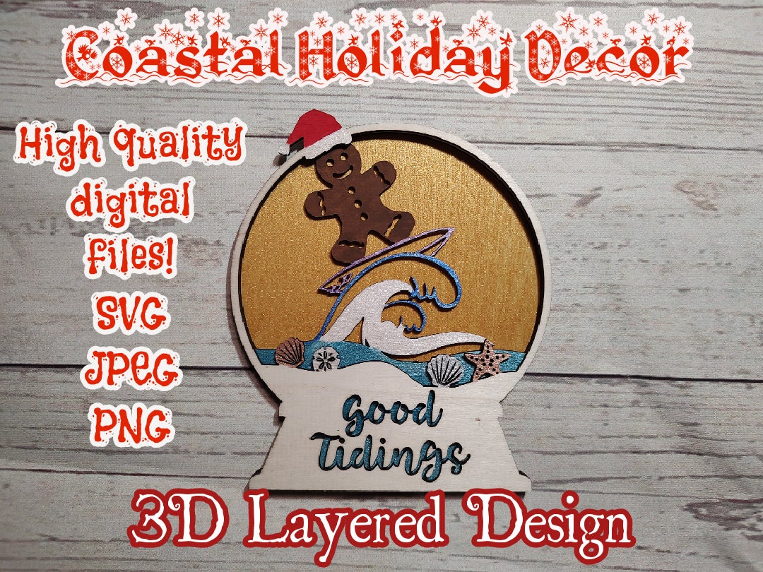 3D Layered Coastal Holiday Gingerbread Surfing Snow Globe- SVG, PNG ...