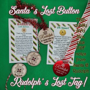 Santa's Lost Button und Rudolph's Lost Name Tag SVG-Dateien und PDF druckbare Tags