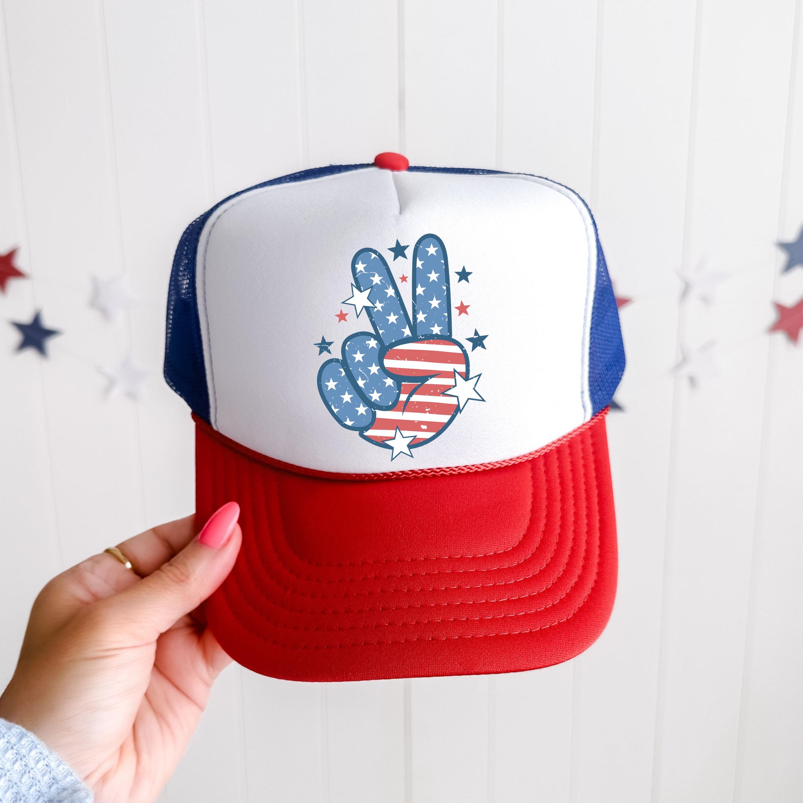 LOVE Red White And Blue USA Holidays Trucker Hat Peace Sign With Beads New MO RAGZ Red, White and Blue Foam Trucker Hat - MoRagz.com main image 2