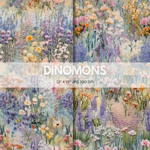 4 Pastel Floral Embroidery Style Seamless Patterns, Pastel Wildflower Digital Paper, Cottage Core boho seamless Commercial Use
