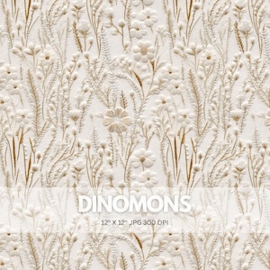 Luxury WildFlower Embroidery Style Seamless Patterns, White Flower Digital Paper, White Floral Seamless Commercial Use