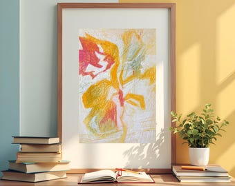 Abstract Floral Drawing – Original Mixed Media Artwork – Warm Color Art – Oil Pastel & Colored Pencil