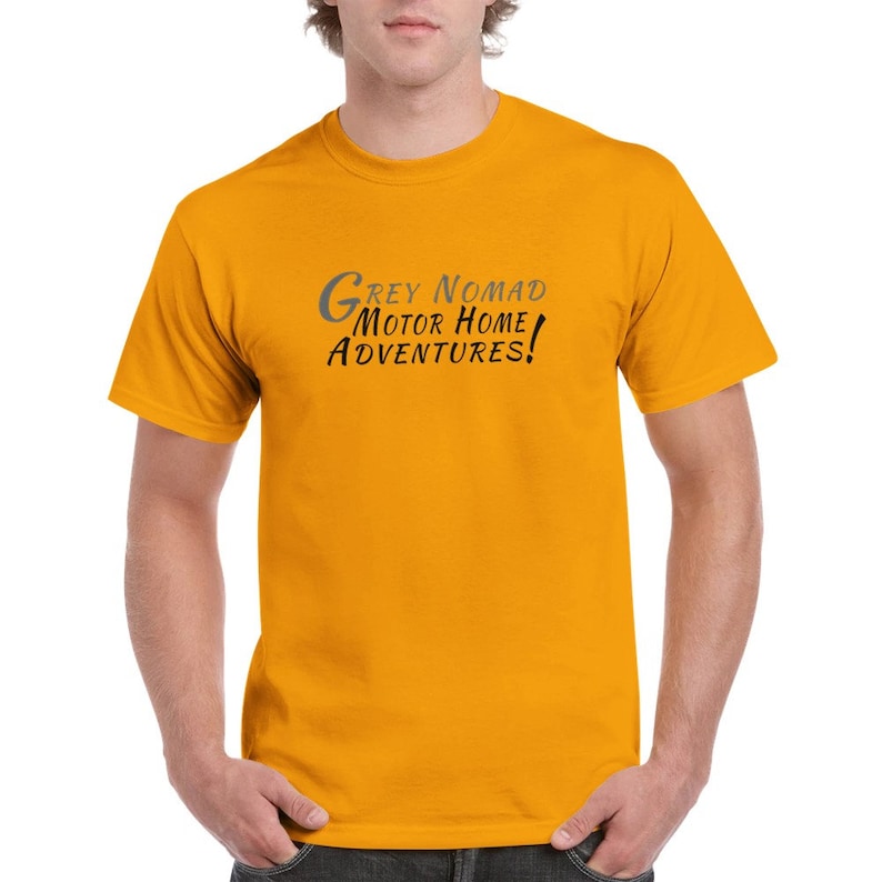 Grey Nomad Motor Home Adventures T-shirt - Heavyweight Unisex Crewneck T-shirt - Gift t-shirt Gold