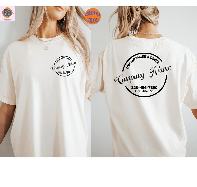 May include: Cream-colored t-shirt with a circular logo on the front and back. The logo includes the text "Company Name," "Company Tagline & Service," and a phone number and address. The shirt is a Comfort Colors brand.