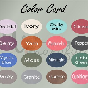 May include: A color card featuring a variety of hues, including Orchid, Ivory, Chalky Mint, Crimson, Berry, Yam, Watermelon, Pepper, Mystic Blue, Moss, Midnight, Light Green, Grey, Granite, Espresso, and CrunchberryDe. The text "Color Card" is at the top.