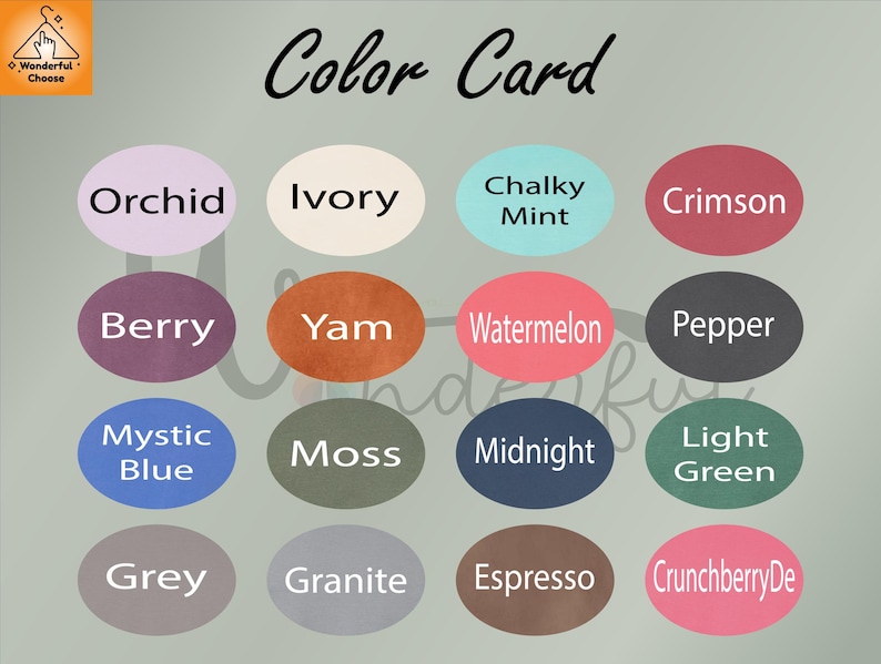 May include: A color card featuring a variety of hues, including Orchid, Ivory, Chalky Mint, Crimson, Berry, Yam, Watermelon, Pepper, Mystic Blue, Moss, Midnight, Light Green, Grey, Granite, Espresso, and CrunchberryDe. The text "Color Card" is at the top.
