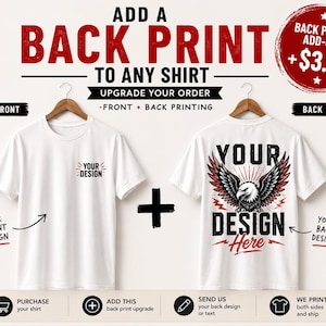 May include: Two white t-shirts on wooden hangers. The left shirt shows a small 'YOUR DESIGN' logo on the chest. The right shirt features a large graphic of an eagle with wings spread above the text 'YOUR DESIGN Here' in red and black.