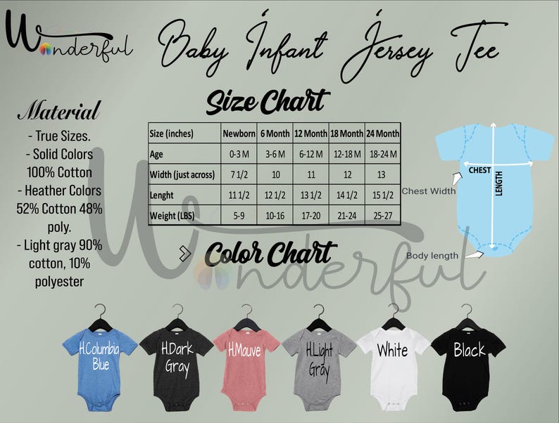 May include: Size chart for baby infant jersey tees, showing measurements in inches and pounds. Color chart with six color options: Columbia Blue, Dark Gray, Mauve, Light Gray, White, and Black.