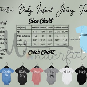 Op de afbeelding: Een maattabel voor baby-infant jersey tees, met afmetingen in inches voor pasgeborenen tot 24 maanden. De tabel bevat breedte, lengte en gewicht. Kleuropties zijn Columbia Blue, Dark Gray, Mauve, Light Gray, White en Black.