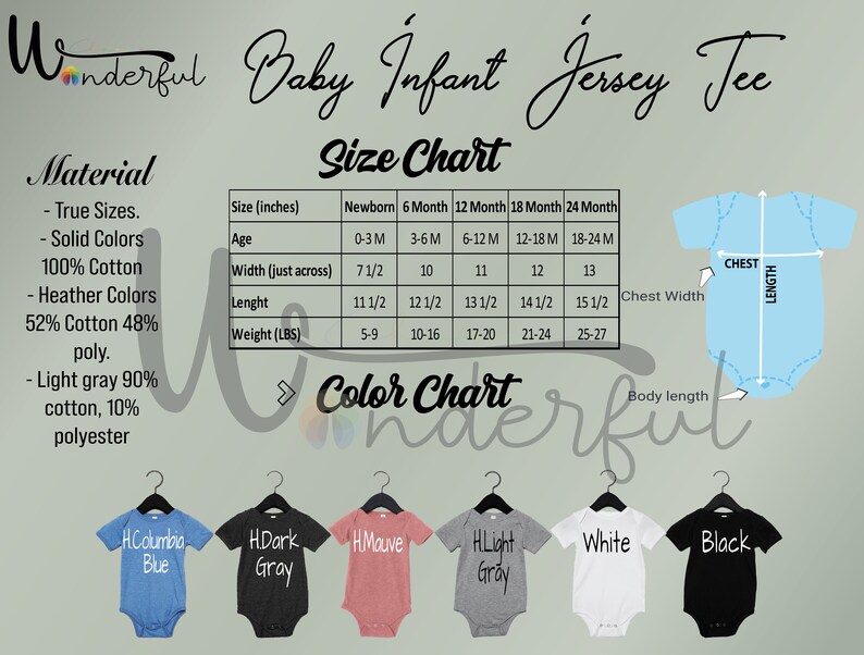Op de afbeelding: Een maattabel voor baby-infant jersey tees, met afmetingen in inches voor pasgeborenen tot 24 maanden. De tabel bevat breedte, lengte en gewicht. Kleuropties zijn Columbia Blue, Dark Gray, Mauve, Light Gray, White en Black.