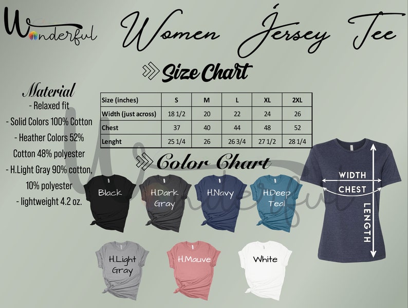 Op de afbeelding: Een marineblauw jersey T-shirt met een maat- en kleurentabel. De maattabel toont afmetingen in inches voor breedte, borst en lengte. De kleurentabel toont verschillende shirtkleuren, waaronder zwart, donkergrijs, marine en teal.