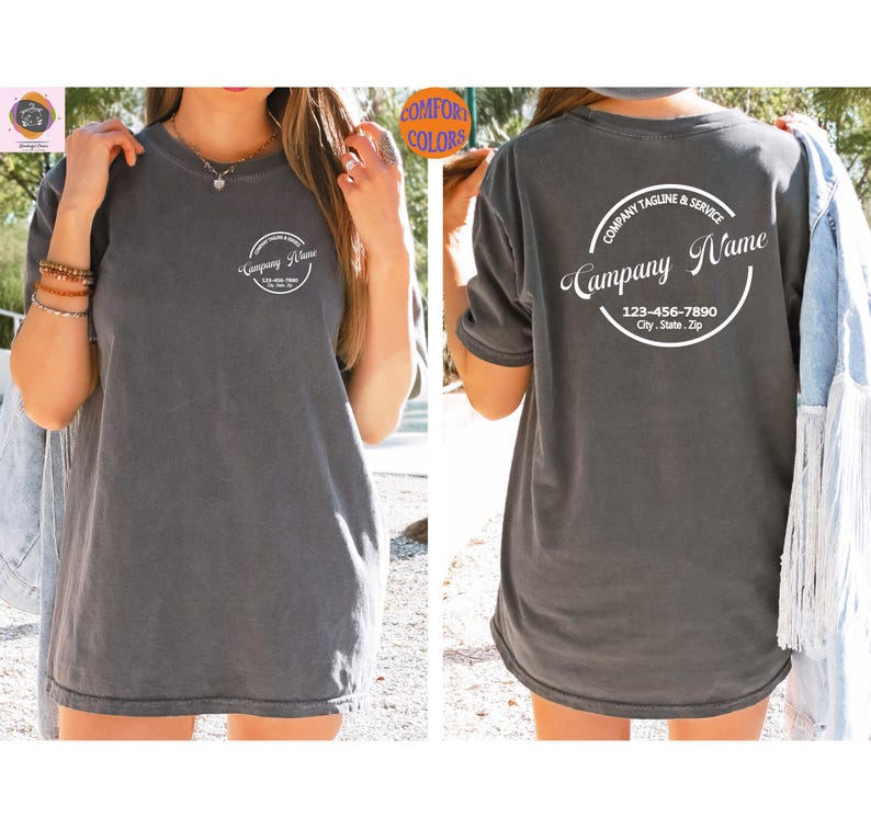 May include: A dark gray t-shirt with a white circular logo on the front and back. The front logo says "Company Name" and the back logo says "Company Tagline & Service" and "Campany Name" with a phone number and address.