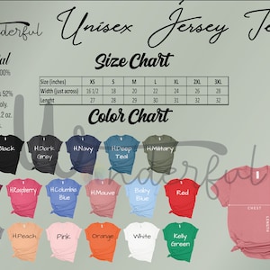 Op de afbeelding: Een maat- en kleurentabel voor een unisex jersey tee. De tabel bevat afmetingen in inches voor de maten XS tot en met 3XL. Kleuren zijn zwart, donkergrijs, marine, diep teal, legergroen, bordeauxrood, framboos, columbia blauw, mauve, babyblauw, rood, lichtgrijs, perzik, roze, oranje, wit en kelly groen.