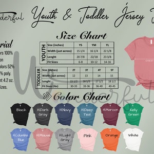 Op de afbeelding: Een maattabel voor jersey-t-shirts voor kinderen en peuters, met afmetingen in inches. De tabel bevat breedte, lengte en maten. Kleuropties worden weergegeven, waaronder zwart, grijs, marine, teal, kastanjebruin, groen, blauw, mauve, lichtgrijs, roze, oranje en wit.