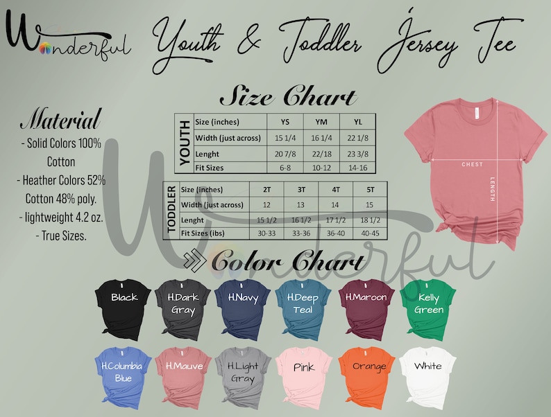 Op de afbeelding: Een maattabel voor jersey-t-shirts voor kinderen en peuters, met afmetingen in inches. De tabel bevat breedte, lengte en maten. Kleuropties worden weergegeven, waaronder zwart, grijs, marine, teal, kastanjebruin, groen, blauw, mauve, lichtgrijs, roze, oranje en wit.