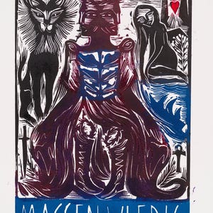 May include: A black and white linocut print featuring a central figure with a crown and elaborate robes, flanked by a lion and a seated woman. A red heart is visible in the background. The text "MACSEN WLEDIG" is at the bottom.
