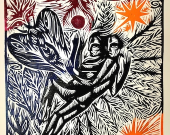 Dreaming Lovers Watched By Owls linocut print by artist John Abell